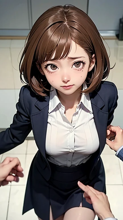 17 years old,high school student,Sex,(Provide sexual services to viewers:1.2),rosyutugaooi,Japanese,Fine, shiny skin, (Realistic, photo-Realistic:1.4), Pretty girl, Are standing, Looking out the window, White shirt, Collared shirt, Black tie, Black trousers, Long sleeve, smile (Red nose), Yellow Eyes + The eyes are round, short hair + Redhead + Long braided hair, hand \(Chainsaw Man\)