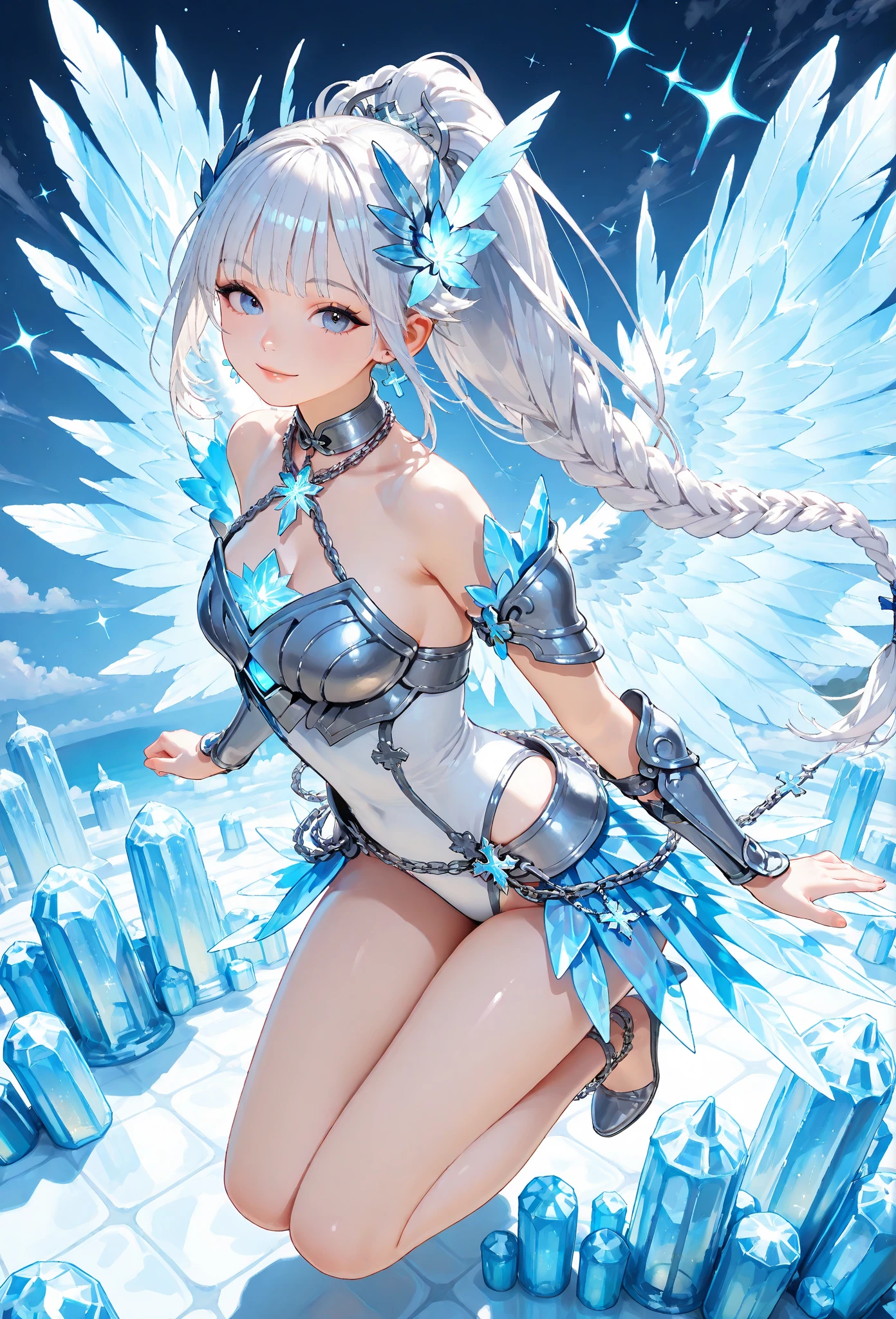 change, Leprechaun, Gray Hair: length, blue eyes, Small breasts, Best, garter, hair accessory, Captivating smile, sight, Tilt your head, Behind the arm, (slim), (Thin legs: Leg spread), High detail, highest quality, masterpiece, Detailed ice, Cumulonimbus, Beautiful details shine, ice crystal texture wings