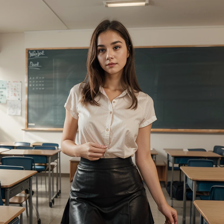 1girl in, 30 years old, Square face, Long hair, Looking at viewer, jewelry, Reality, Sexy, Short skirt outfit, classroom background , free pose