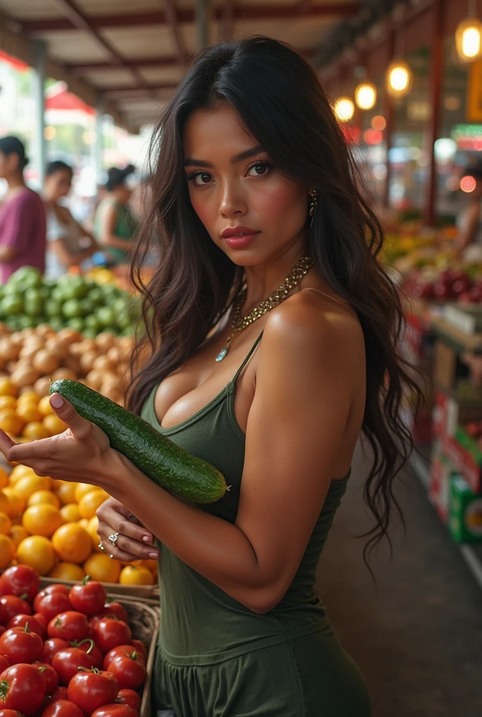 Full Body Professional Photo, (Photo 4K:1.1) by (Jeremy Lipking:0.3), (Dittmann Anna:0.3), (jiner:0.3), (Sharp Focus:1.3), High Detail, Woman in Market Attire, Fruit and Vegetables, Pretty Buttocks, Short Hair, Wicker Basket, Instagram Pattern Pose, confident, slim girl, big tits:1.2, perfect anatomy, perfect symmetry:1.2, Realistic, realistic face:1.2, perfect face, content, confident, very detailed, and dramatic, cinematic lighting, Lighting scene, soft lights