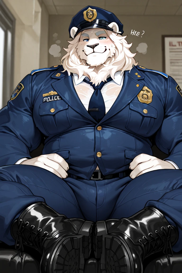 masterpiece, best quality, 8k resolution, Very detailed, hairy，(((lion))，(((Mature)))，(((beard))),(((Strong)))，(((portrait)))，(((police office)))，For the audience，(((Police Uniform))),(((sit on the chair)))，(((Tongue out)))，Highest quality scene，Solitary，solitary，(((whole body)))，(((Shameful)))，(((Blushing)))，((( VR headset))),(((Legs apart)))，(((Sweat)))，((Fat-enclosed muscle))，(((Round face)))，(((alone)))，(((Strong body)))，(((Hip bulge)))，