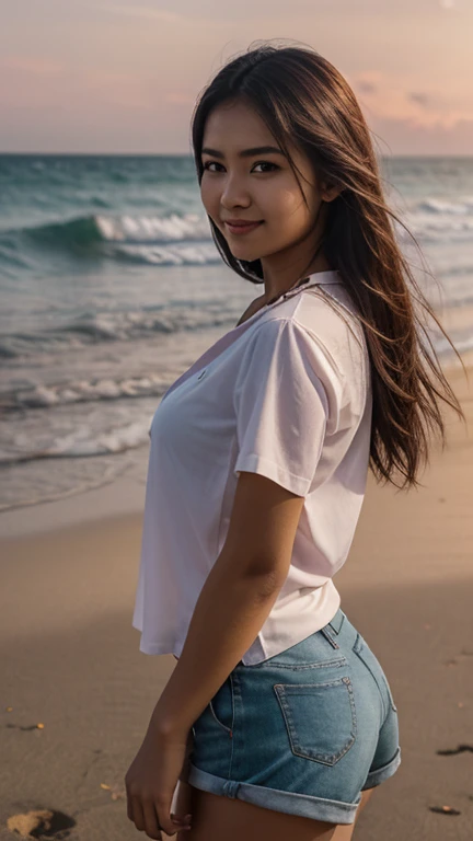 (photorealistic), (detailed face), (best quality), (best detail), realistic, girl 20 years old, tan skin, fit body, long black hair, big breast, wearing wet white tshirt scoop neck, white wet short pants, sitting on the beach, playing sand 