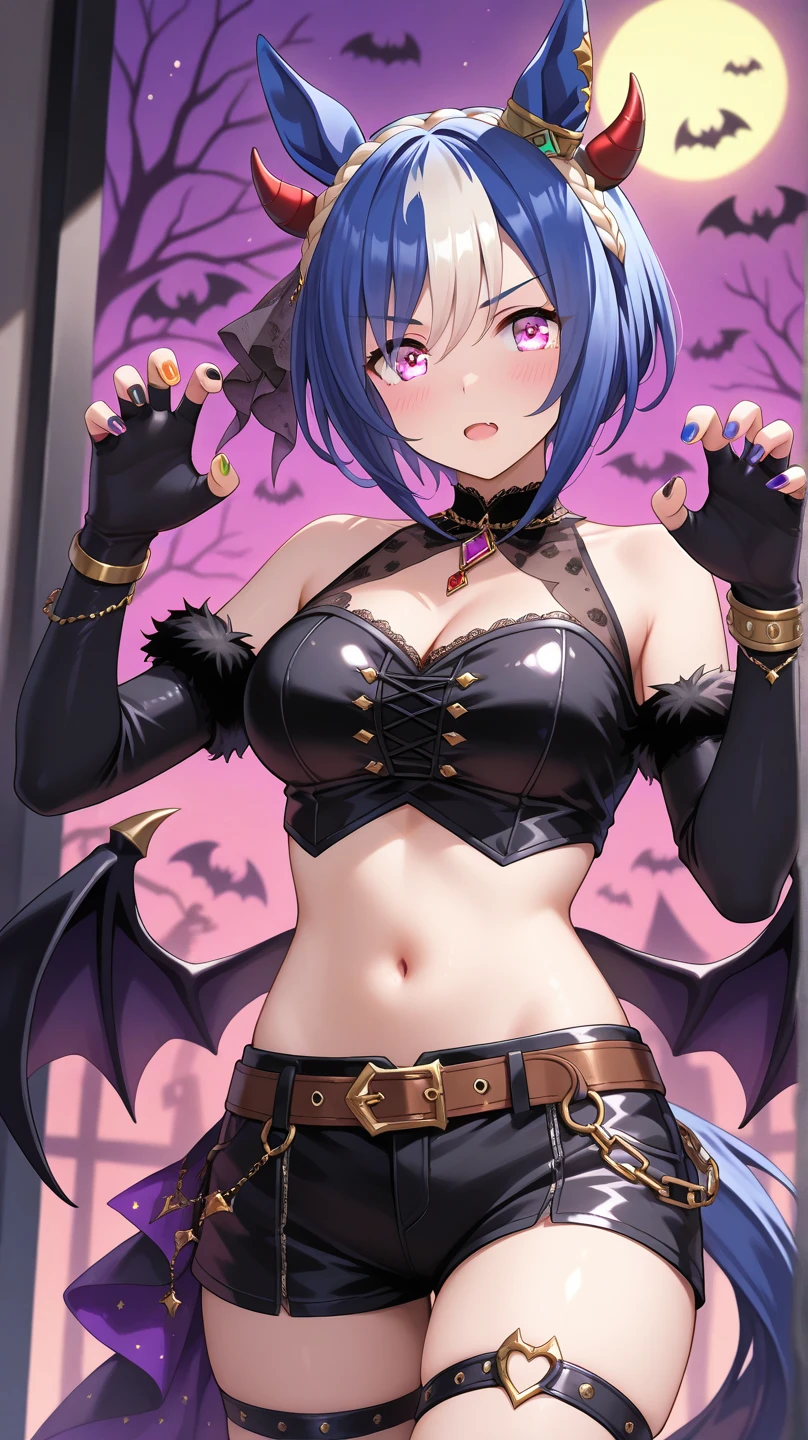 masterpiece, best quality, uality, aesthetic, realistic, 1girl, solo, blue eyes, balck hair, small breast, neat girl, demon tail, angel wings, pointy ears, (small breast), (flat chest), twintails, bat hair ornament, cape, white shirt, white legwear, stuffed toy, stuffed animal toy, beret, gloves, bangs, hat, nsfw