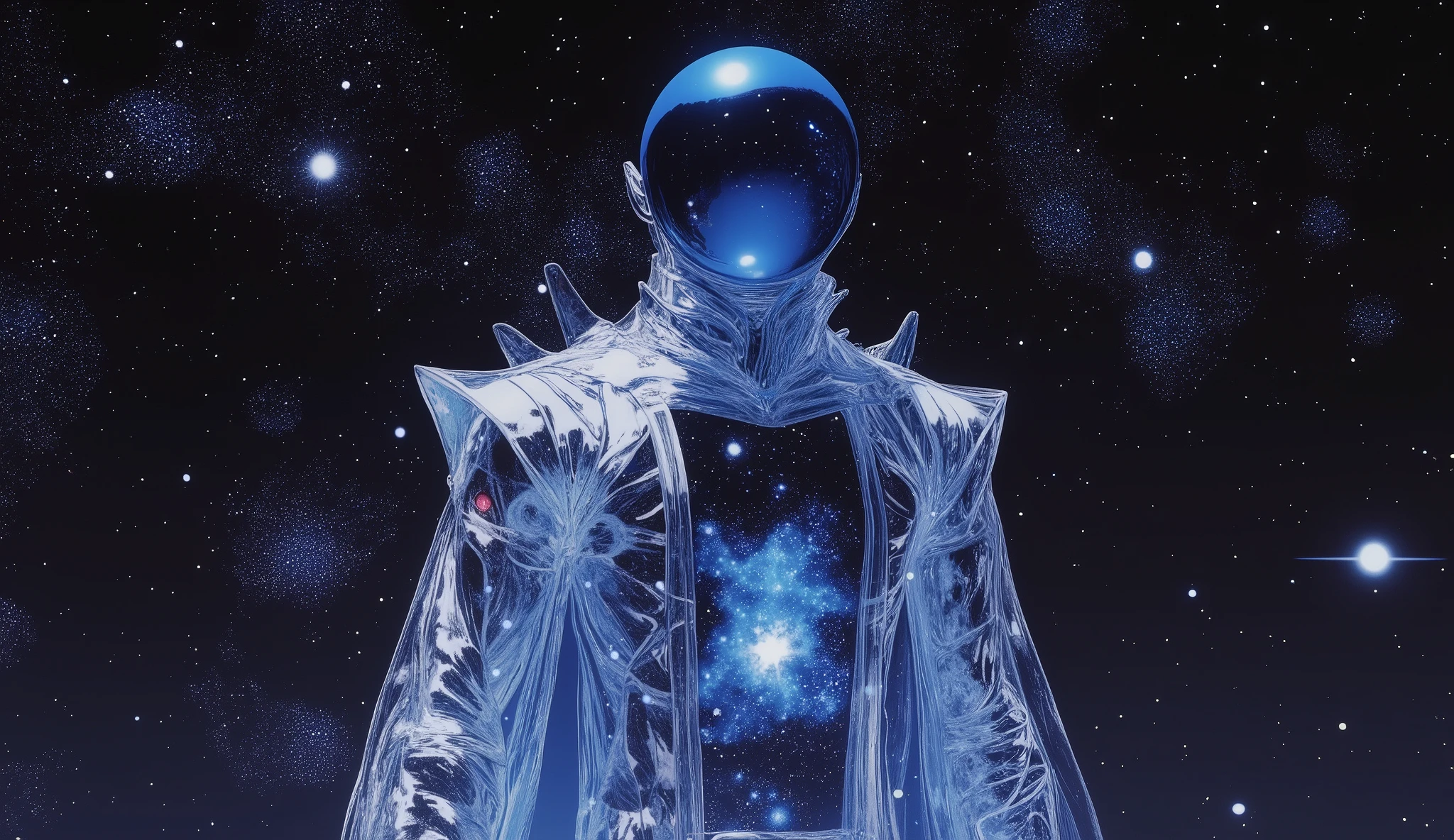 A full body image for a futuristic cosmic male entity floating in deep space, wearing a transparent glass armor that mirrors stars and galaxies, its head is a smooth blue mirrored sphere without facial features, cosmic starfield visible through body, crystal clear material, space nebula reflections, surreal digital art, photorealistic 3D render, dramatic lighting, deep space background with stars, ethereal and mystical atmosphere epic fantasy meets sci-fi, 1980s retro sci - fi art, Fascinating colorful universe. Comic book style.