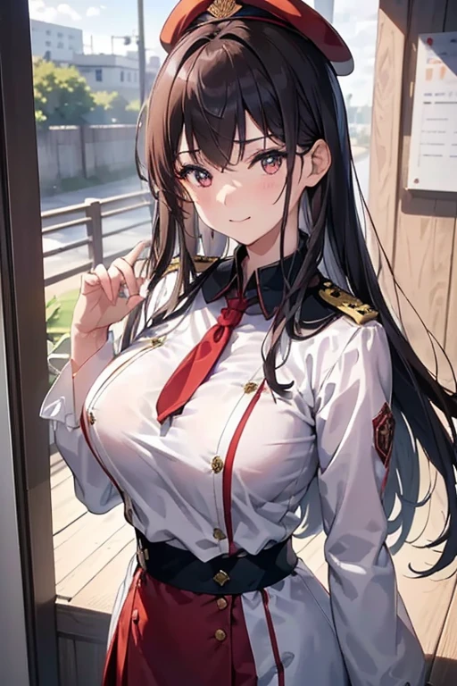high-level image quality、top-quality、Detailed drawing、Does not blush cheeks、Slender adult beauty、stewardess、Navy CA Uniform、Fluffy clothes、Shy、Small eyes、Standing、Stockings、Medium chest、cleavage of the breast、Ecstatic look