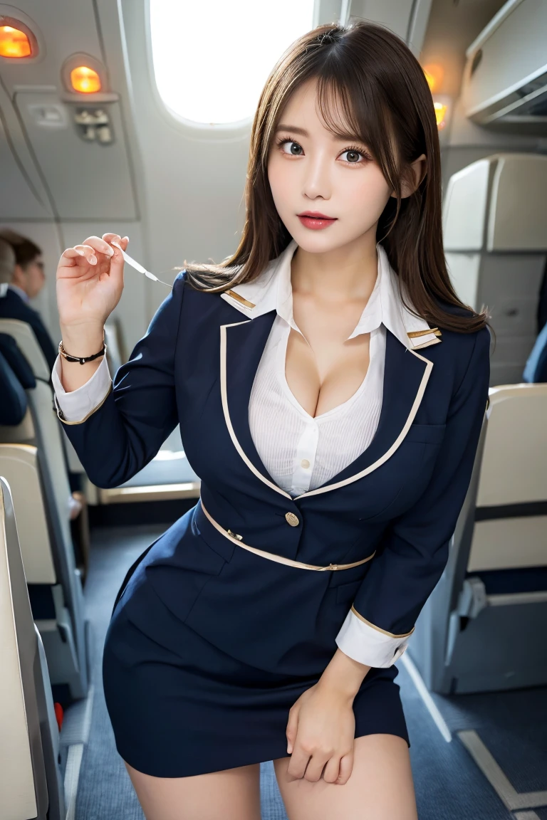 top-quality, masterpiece, 8K, 超A high resolution, (Photorealsitic:1.4), 1girl in、Beautiful expression、symmetrical eye、Colossal tits、Perfect body proportion、Stewardess uniform、Unbutton the chest、Look at viewers、(In the airport:1.2)、long legged(1.3)、