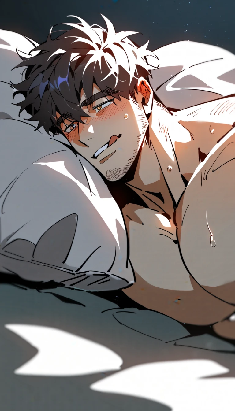Dark skinned muscular man、erection、Highest quality、chest hair、Sweating、Sports haircut、Night starry sky、Sex、Cowgirl、Embarrassed face、Sperm splashed
