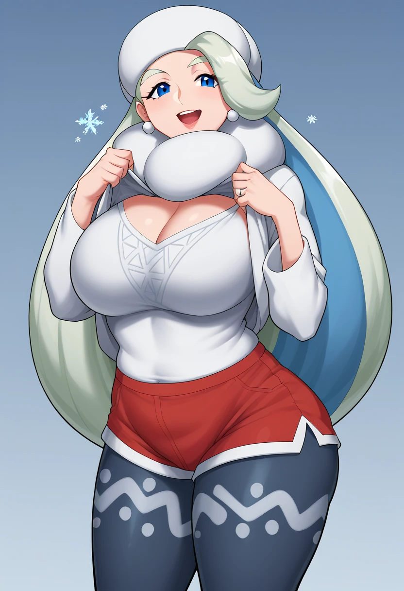 masterpiece, best quality, <lora:melony-nvwls-v1-000009:1> pkmnmelony, very long hair, fur hat, white scarf, white sweater, white shorts, leggings, white boots, whole body, standing, looking at viewer, smile, snow, forest, huge breasts, hands to hips