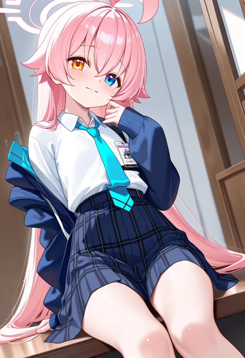 masterpiece, highest quality, Very detailed, indoor, school masterpiece, highest quality, Very detailed, Hello,Hoshino, ,Very long hair,Orange eyes,blue eyes,Heterochromia iridis,Pink Hair,White shirt,Chest Harness,(Small breasts:1.1),smile,開脚Pee漏れ,Pee,trembling,puddle of Pee,Pussy,Browsing Caution