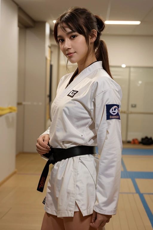 Best image quality,highest quality,masterpiece,4K,8k,highest quality,Female karate,in a karate dojo ring, Chudan Gyakutsu pose, karate, Young Japanese Woman, Japanese Girls,Karate Uniform,Black belt,Karate Tournament、whole body、Big Breasts、Uniform