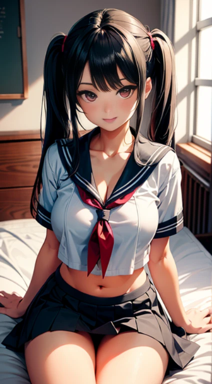 ​masterpiece, top-quality, the Extremely Detailed CG Unity 8K Wallpapers, Ultra-realistic 8kCG, erfect artwork, The perfect female figure, Dramatic shadows, (spot light, Perfect ligthing, Detailed light, (((1girl in))), ((Sharp face)), ((long black hair, twintail hair)), (((sexypose))), Model body type, Navel is visible, large full breasts, ((cute  face)), (gently smiling: 1.2), (bangs, beautiful eyelashes), red eyes, Beautiful face, (beautiful chest line:1.2), (cleavage), beautiful a girl, Exquisite facial features depicting the perfect face, blushing, Naturally beautiful, Sweating, slenderbody, Light and beautiful thigh expression, hi-school girl, high-school uniform, a sailor suit, pleatedskirt, stockings, (((Laying on bed))), awardwinning photo, detaile, realistic light and shadow, 8K resolution, Professional Lighting, (glistning skin:0.9), perfect hand,