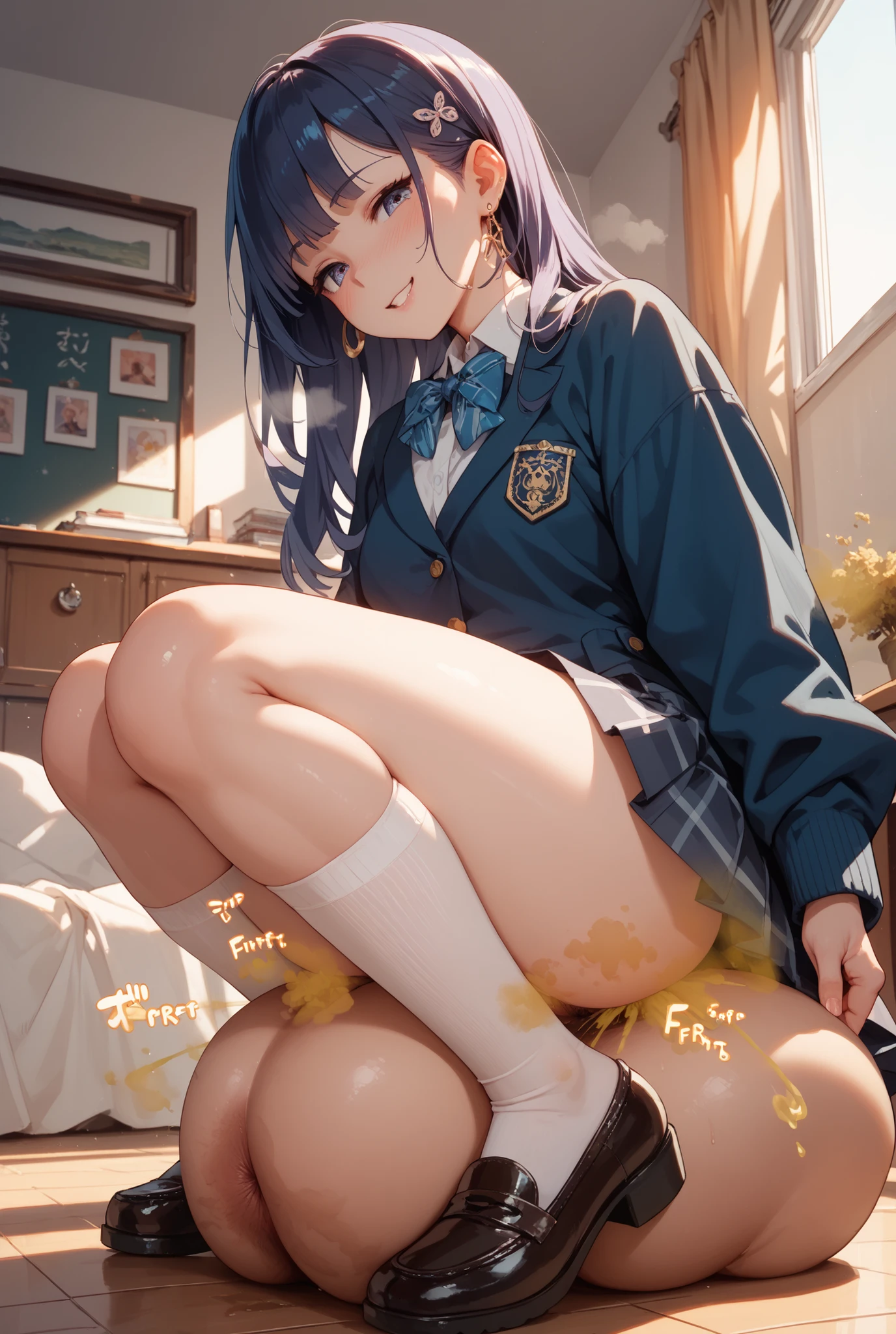 Browsing Caution,masterpiece、Best image quality、Complete Anatomy、,Cute girl 、、smile、、、((Blue bow tie、、Checked skirt、(Micro Mini Skirt)、、loose socks、