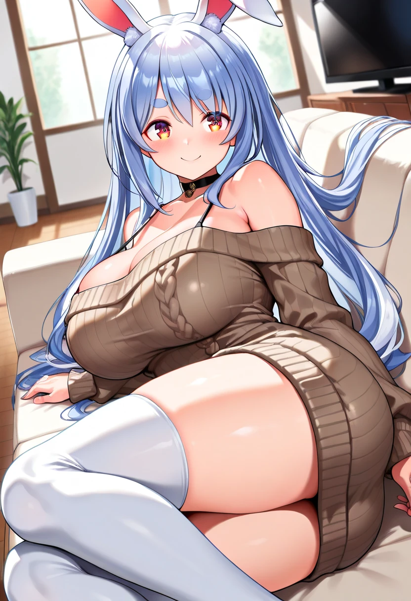 Long hair light blue hair yellow eyes massive breasts exposed cleavage rimuru hot deep blue bikibi adult sitting on table alone