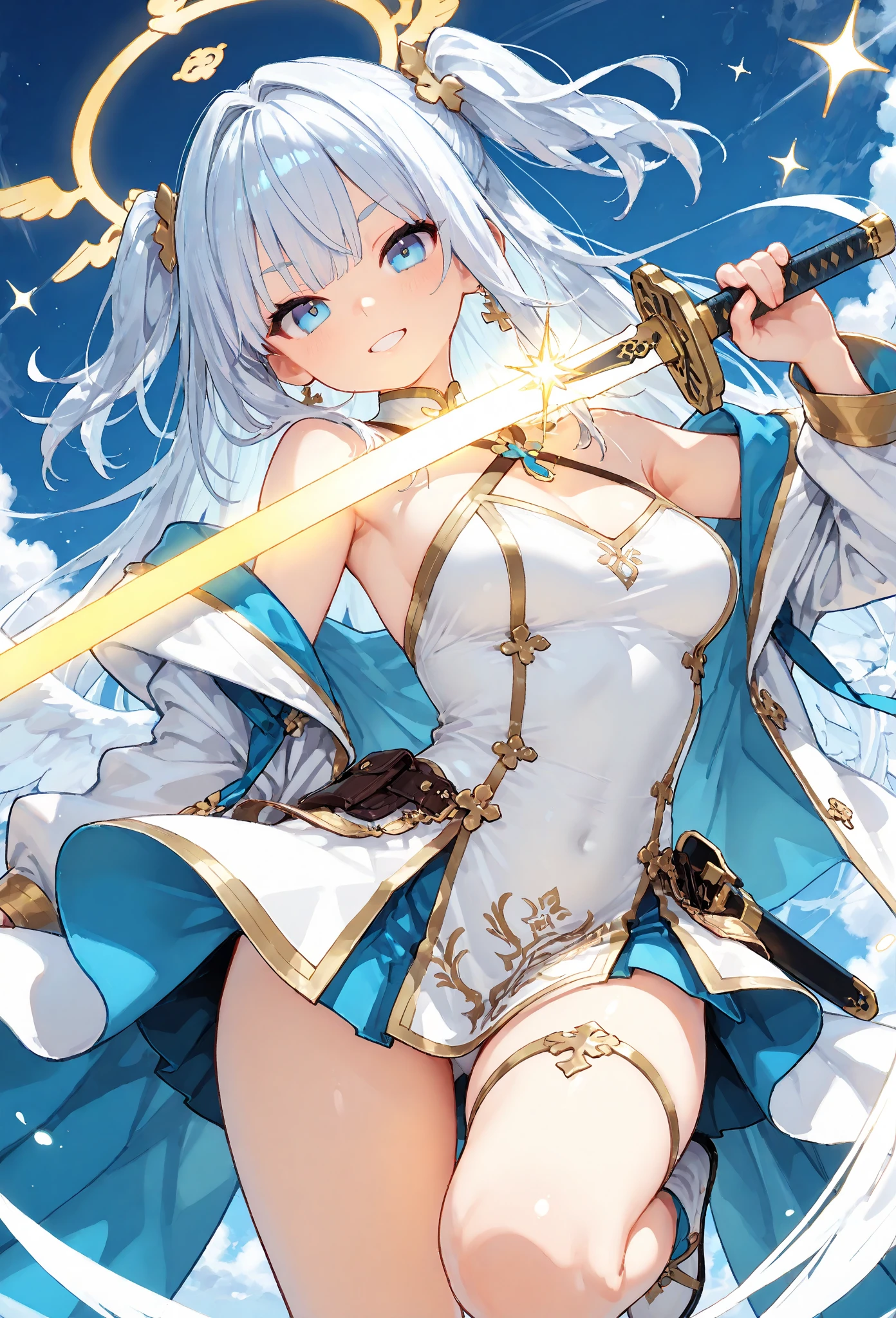 4K,High resolution,One Woman,White Hair,long hair,Blue Eyes,Valkyrie,Silver Sacred Armor,Sideboob,Blue long boots,Blue gloves,Winged headgear,Jewelry decoration,Holy Sword,Temple in the Sky