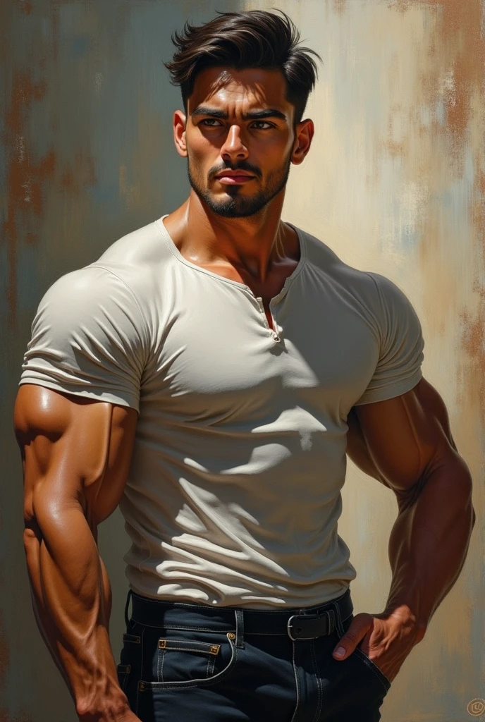 A strong man, young, with cinnamon skin and black hair. a bag sensual, Your pose should look like a statue with deep eyes 