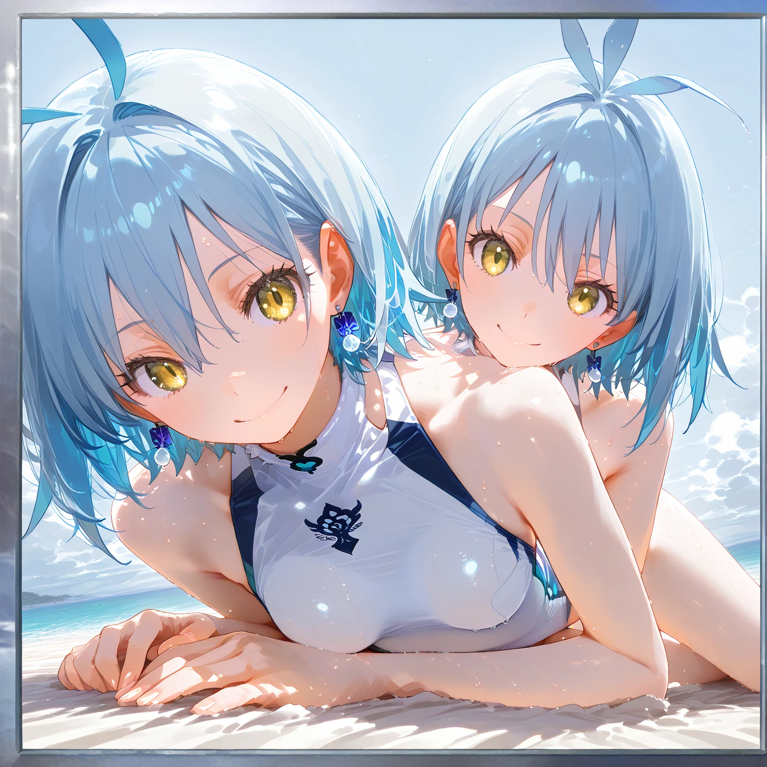 Highest quality、High resolution、Detailed Background、(Beautiful face in every detail:1.4)、Anatomically correct、Detailed facial expressions、(Detailed eyes:1.2)、Teenage beauty、(Huge breasts:1.2)、Highly detailed face、Light color hair、Braided bob cut、ponytail、Perfect body line、well-groomed eyebrows、Water play spot、Water play slide、Water play event、
(Three smiling girls playfully splashing water on each other:1.5)、
White school swimsuit、White Sailor School Swimsuit、My whole body gets wet、Smiling、A big smile、A fun atmosphere、Accentuate your cleavage、cute