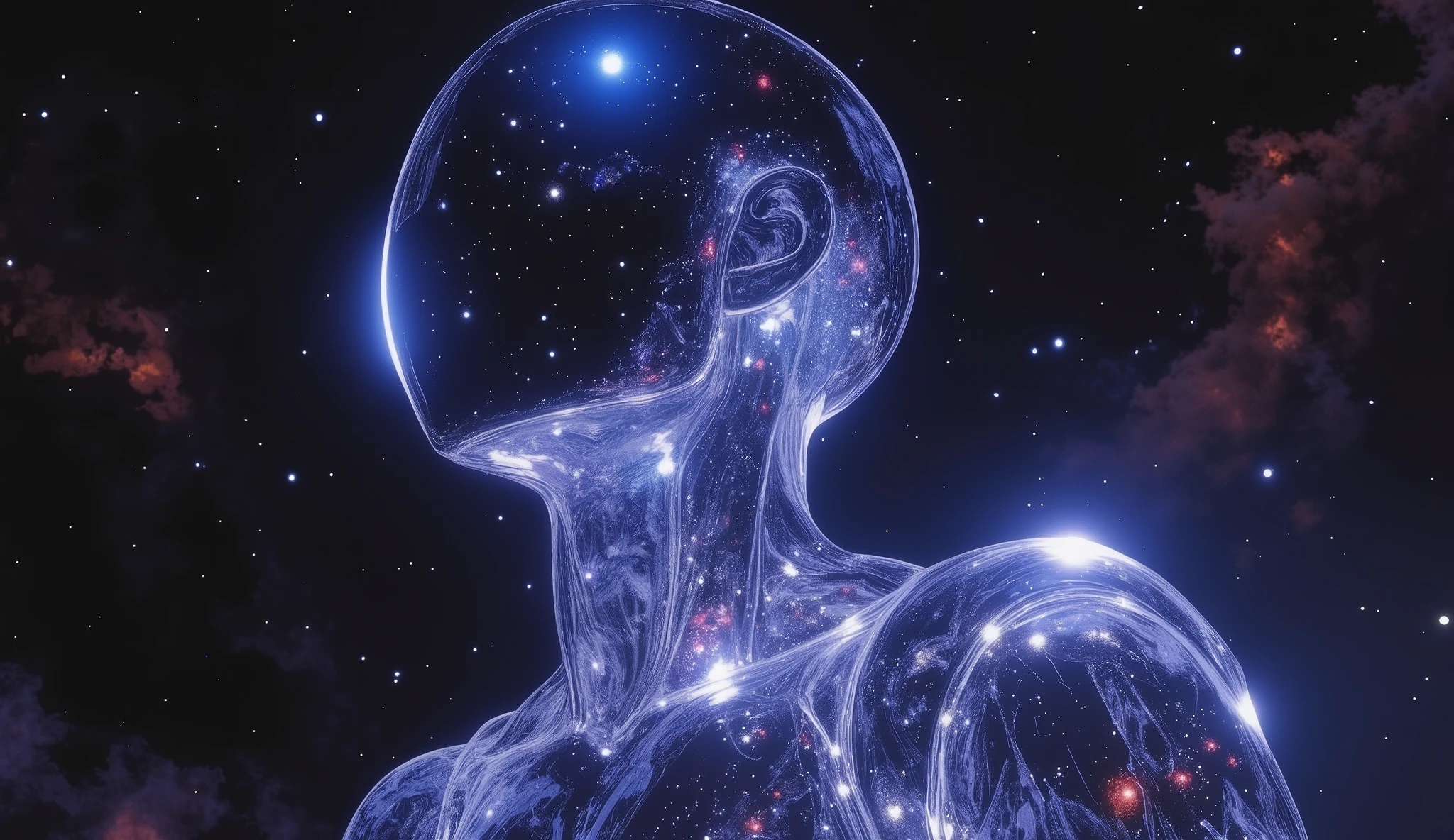 A full body image for a futuristic cosmic male entity floating in deep space, wearing a transparent glass armor that mirrors stars and galaxies, its head is a smooth blue mirrored sphere without facial features, cosmic starfield visible through body, crystal clear material, space nebula reflections, surreal digital art, photorealistic 3D render, dramatic lighting, deep space background with stars, ethereal and mystical atmosphere epic fantasy meets sci-fi, 1980s retro sci - fi art, Fascinating colorful universe. Comic book style.