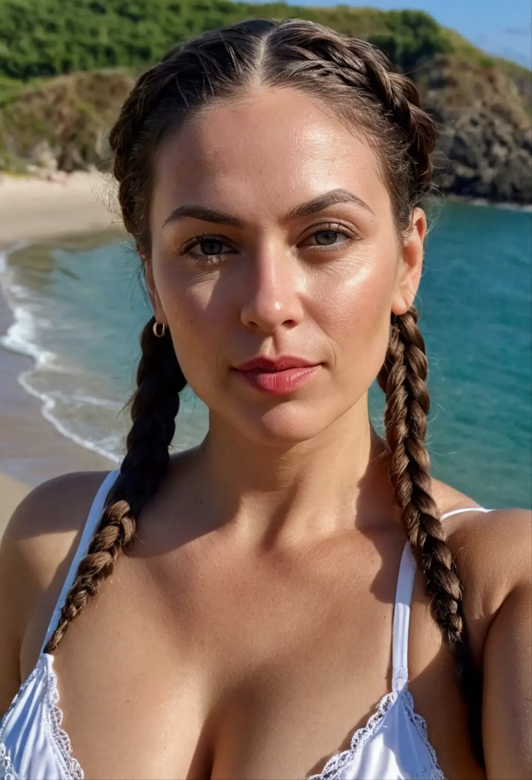 arafed woman taking a selfie on the beach with a palm tree in the background, big breasts, hair two long braids, girl with dark complection, woman with braided brown hair, two long braids, double very long braids, long braided hair, dark brown braids and brown eyes, double long braids, long braided hair on top of head, selfie of a young woman