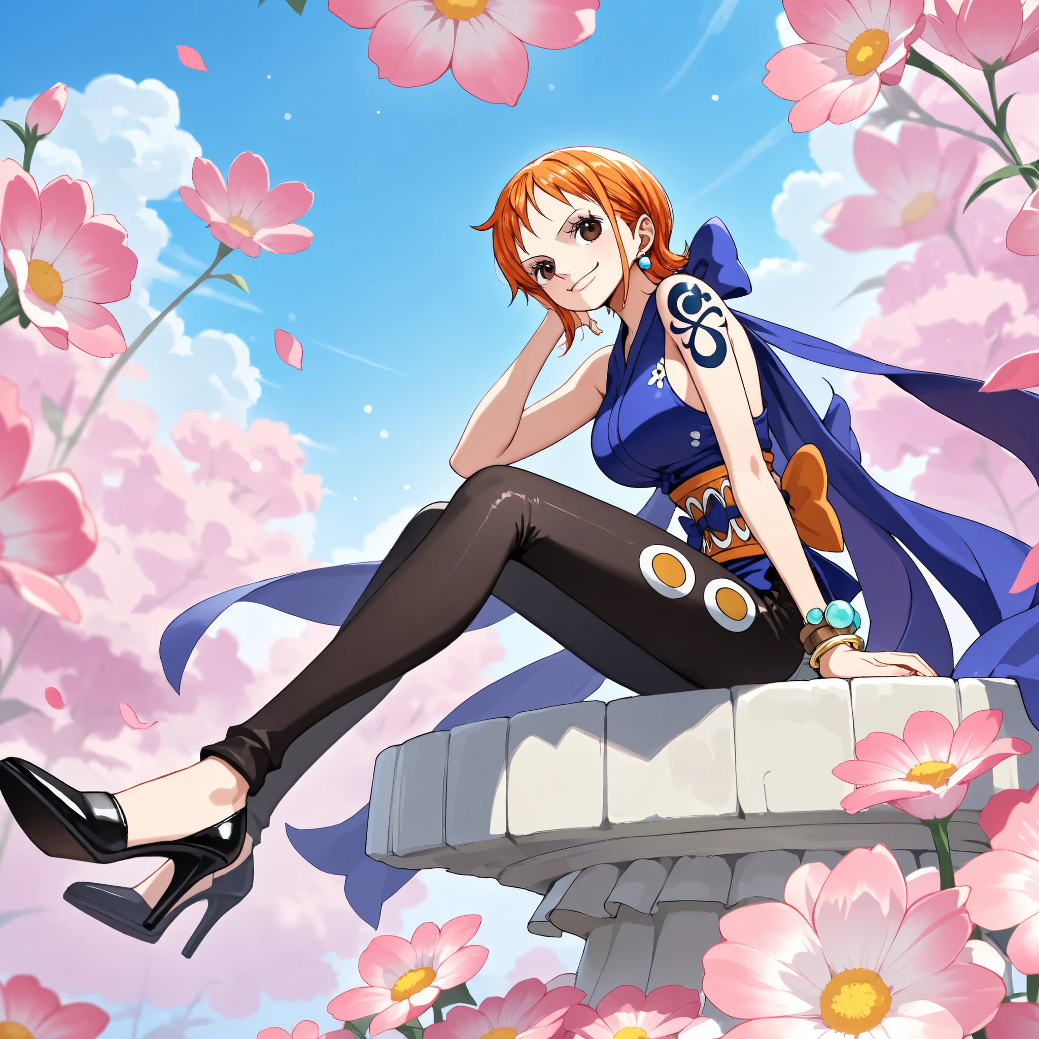 Thousands of flower ninja clothes, earrings,   high heels, bracelet,  tattoo , orange hair,  masterpiece,  healthy look 、 One Piece Nami、dynamic、Portrait、beautiful background sky and clouds、smile、 Close One Eye、full body、