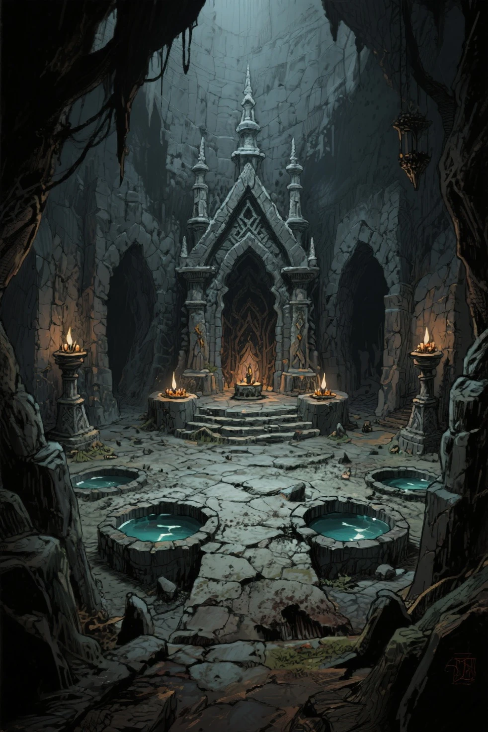 (anime, dark fantasy: 1.5, throne: 1.5),(best quality, highres, HDR:1.2), vibrant colors, dangerous atmosphere, ((goblin king throne)), ((goblin lair: 1.5)), ((cave)), ((totem, tribal, skull everywhere)), dark :1.4, general shot,