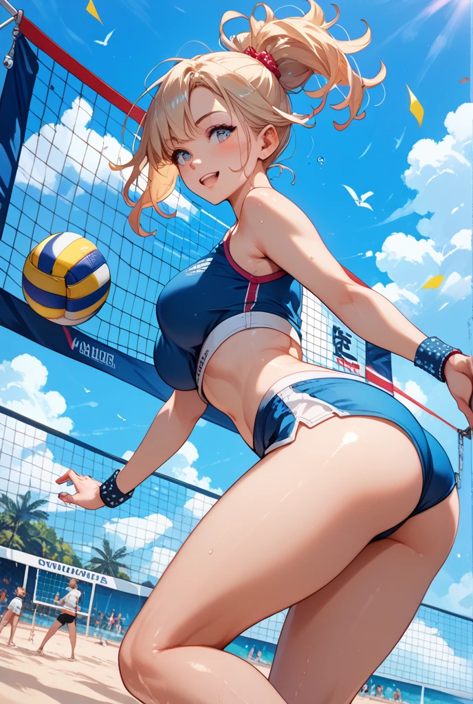 (Best Quality, masutepiece),ultra detailed photographic,1girl in, female beach volley player ,Shoot the ball ,Large breasts,nice legs, At the beach volleyball venue,Detailed beautiful face,Beautiful eyes,detailed hairs,detailed clothes,Detailed realistic skin,Cool,Dynamic Angle,from side