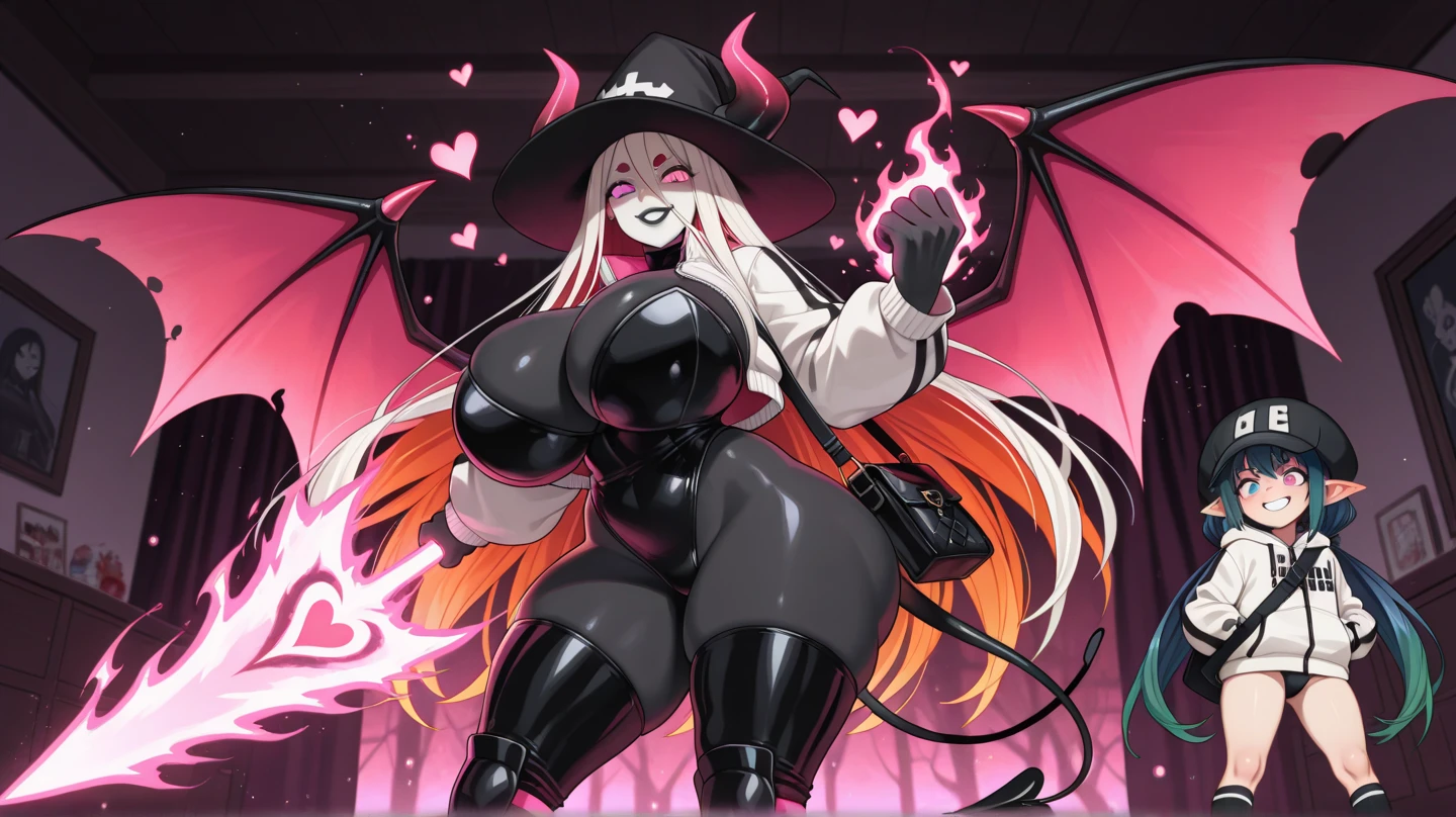 best quality, masterpiece, body of Princess  peach wear leather suit and cloak possessed to soul of Villain Bowser, wicked laugh, wickedness, there is Devil face tattoo of Princess Peach body