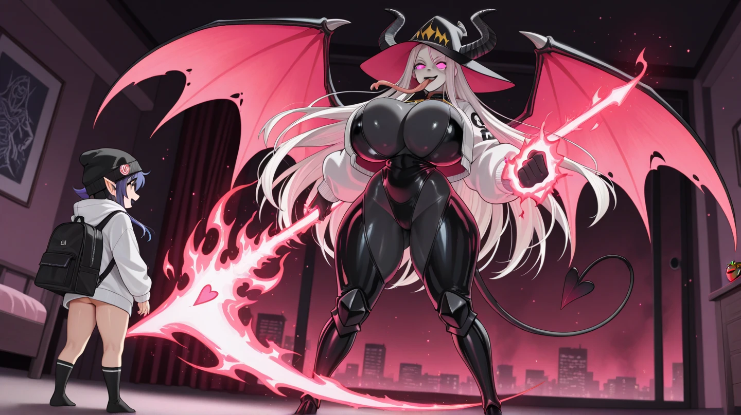 Oni girl with extreme muscular body, gigantic muscular arms, gigantic muscular tights, oni horns, red demon wings, red demon tail, cleopatra outfit, red skin, white hair with ponytail and gigantic breasts.