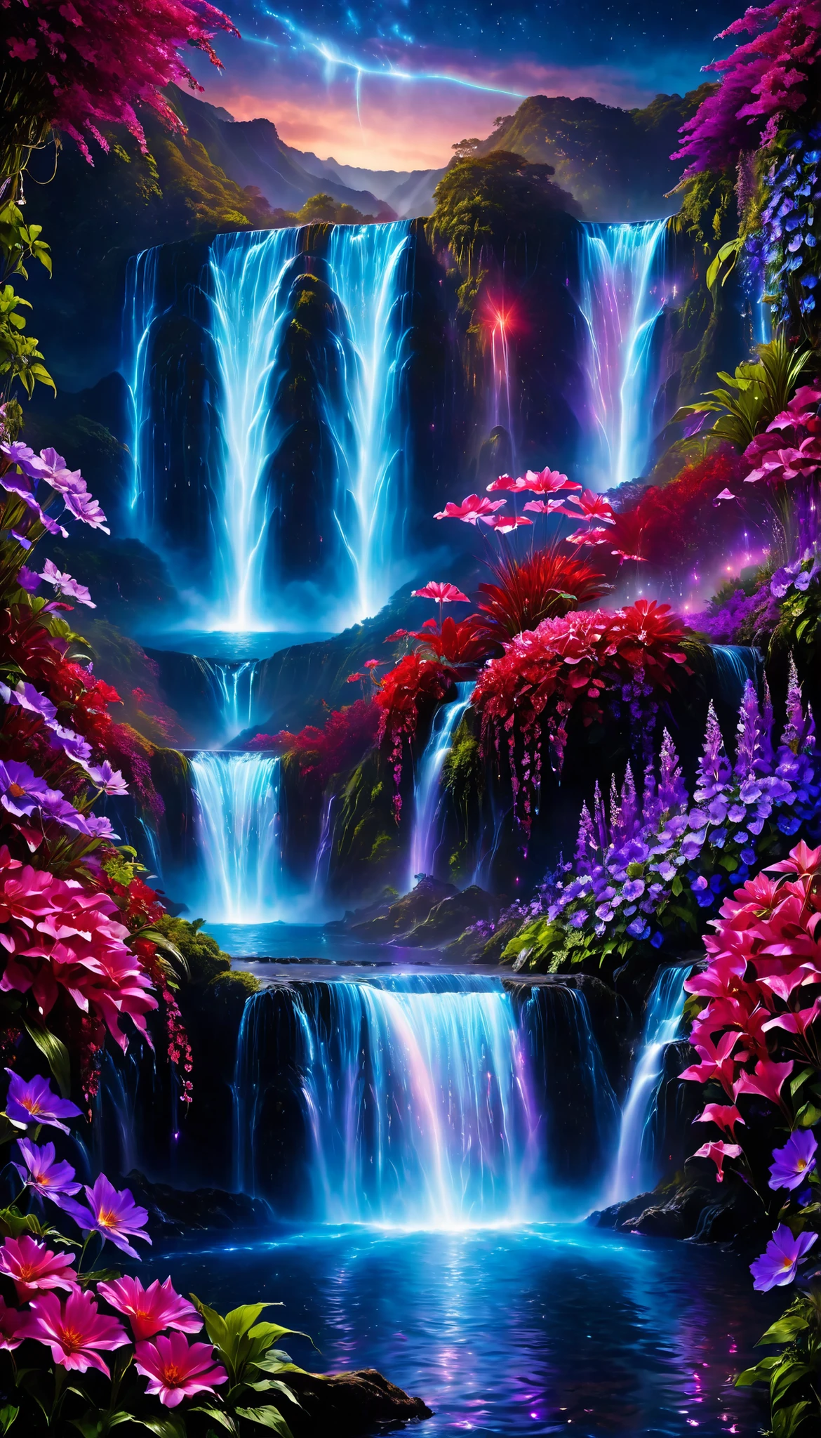 Shiny purple |Pink|blue waterfall amongst strange magic flowers, At night, glowing fairy lights , magic, High quality fairyland waterfall, Realistic Water, ripple, 8k,(A mysterious and majestic large waterfall that can be seen in the back:1.5),Scenery photos of the most beautiful country in the world,(Large blue, purple, and red flowers are in full bloom:1.5),