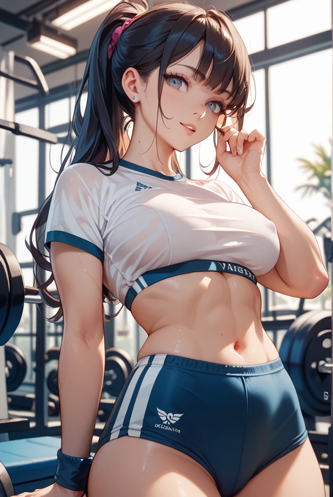 sports gym, masterpiece, highest quality, camel's toe, o-face, cinematic light, 8K resolution, (detailed eyes and skin), perfect body, Anatomically correct, beautiful face, double eyelids, thin eyebrows, long hair, natural lip color, 25 years old, sexy lady, cheek became red, slender body, small-size breast, sweaty, ahegao, Standing, running wear, small breasts, dripping sweat, full of sweat, thin thighs, beautiful feet,
