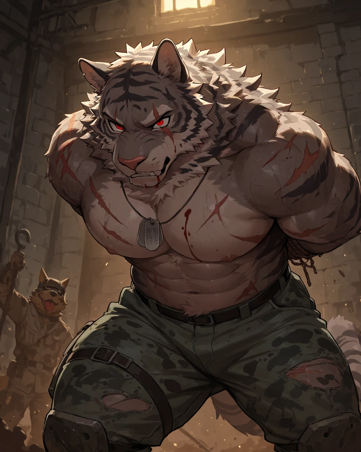 (sfw:1.5), male focus, Handsome 1boy, solitary，protrait photo, single, (Black nails, Black claws:1.4), Gray skin, (Gray tail:1.4), (perfect golden eyes:1.4), (Gray body:1.3), (Beige chest:1.1), (Gray scales:1.4), (Gray feet:1.3), Red tongue, (Delicate teeth, Sharp teeth, detailed teeth:1.1), 
Crocodile, feet, grey alligator, alligator, alligator boy, alligator body, (big eyes, large eyes:1.4), (Chubby, The body is huge, Larger face:1.3), (Lots of scars, lots of scars, Lots of scars:1.3), Human feet, (Four toes:1.4), 
(Black Hanfu, 破烂的Black Hanfu:1.4), (Ragged clothes, Rotten clothes, Broken pants, Worn clothes, Tattered pants:1.3), (Rags:1.1),(衣服上的巨大Hole, 裤子上的巨大Hole:1.3), (Clothes were torn, Clothes are torn, The pants were torn, Pants were torn:1.4), (Broken:1.4), (Hole, Incomplete clothes:1.4), 
(full body:1.3), (young, Mature men:1.4), (Strong body, muscle,Strong male, muscle男, Bare chest muscles, bare 的Abdominal muscles:1.3), Red nipples, belly button, (Abdominal muscles:1.2), (belly button:1.1), (Thick arms, Strong and strong legs, Strong legs:1.3), (Sitting, Sitting on the ground, Sitting cross-legged:1.4), (Looking at the audience, Focus, Eyes gaze:1.2), (cute:1.4), (naughty, Naughty, happy, happiness:1.4), Red nipples, blush, (silly, Fool, stupidity, Dull, dementia, Ignorant and understanding, Innocent, Innocence, Funny, ridiculous:1.4), (A bright smile, Open mouth smile:1.4), 
full background, indoor, villa, bedroom, Wooden floor, window, daytime, Sunlight,
Mysterious and romantic atmosphere, Caustic lines(refraction, polarization)Perfect anatomical structure, absurd, Detailed background, (Delicate eyes:1.3),Printing style。((artist:Takemoto Arashi))
