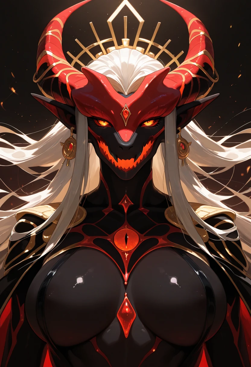 3d render of a scary female ONI creature with a devil mask and long horns, ((long flowing white-silver hair)), (glowing red eyes), disturbing face, scary, horror, creepy, highly detailed, intricate ornaments, global illumination, subsurface scattering, specular lighting, hdr, 8K, nanite raytraced, (character surrounded by fire), (ember particles), (backlit), full torso, dramatic