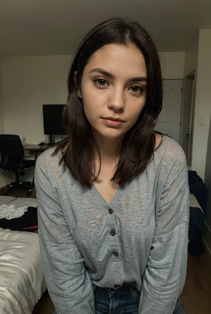 woman, pale skin, square jawline, her black hair is cut into a stylish bob, size medium tits. pink hoodie. the background of de bedroom is minimalist. selfie photo, encuadre 3/4