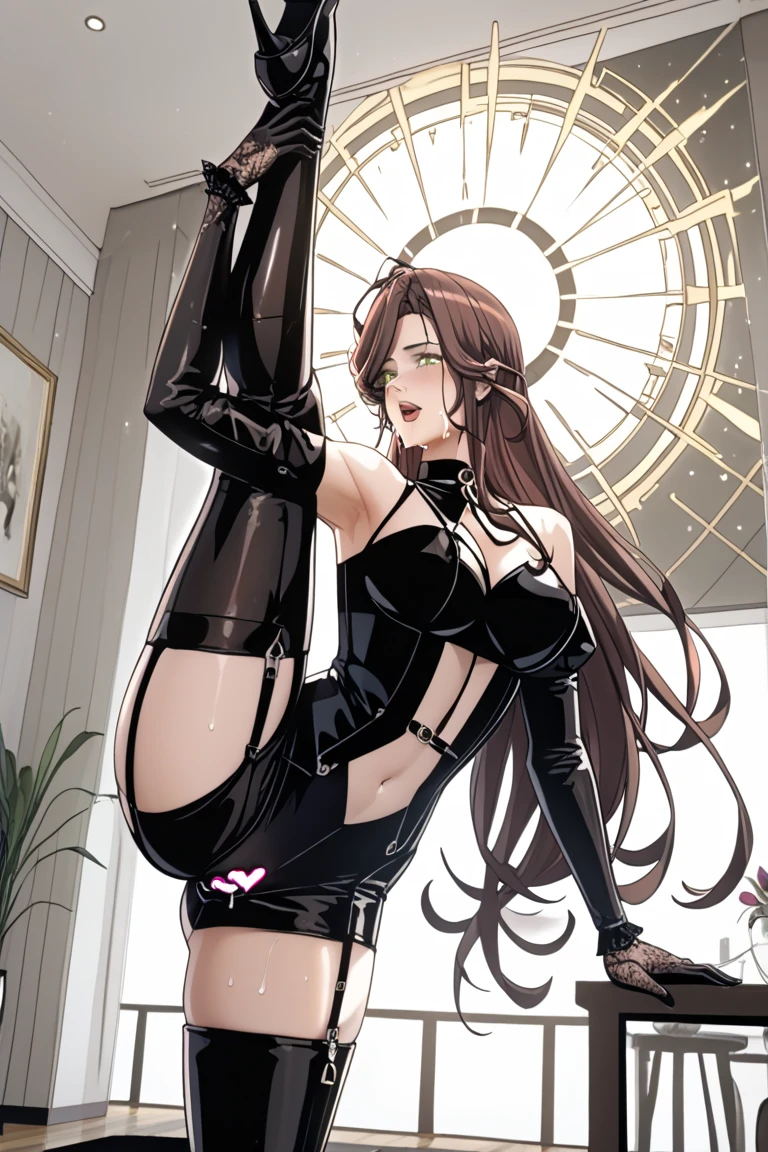 High resolution, adult woman , good lighting, despicable, , (No nudity), (((Leather Bikini))), (()), (((leather thigh high boots))), (garter belt), abdomen only, (), , cute face, I'm embarrassed and blush, humiliating, ((spread your legs wide)), ((sit))