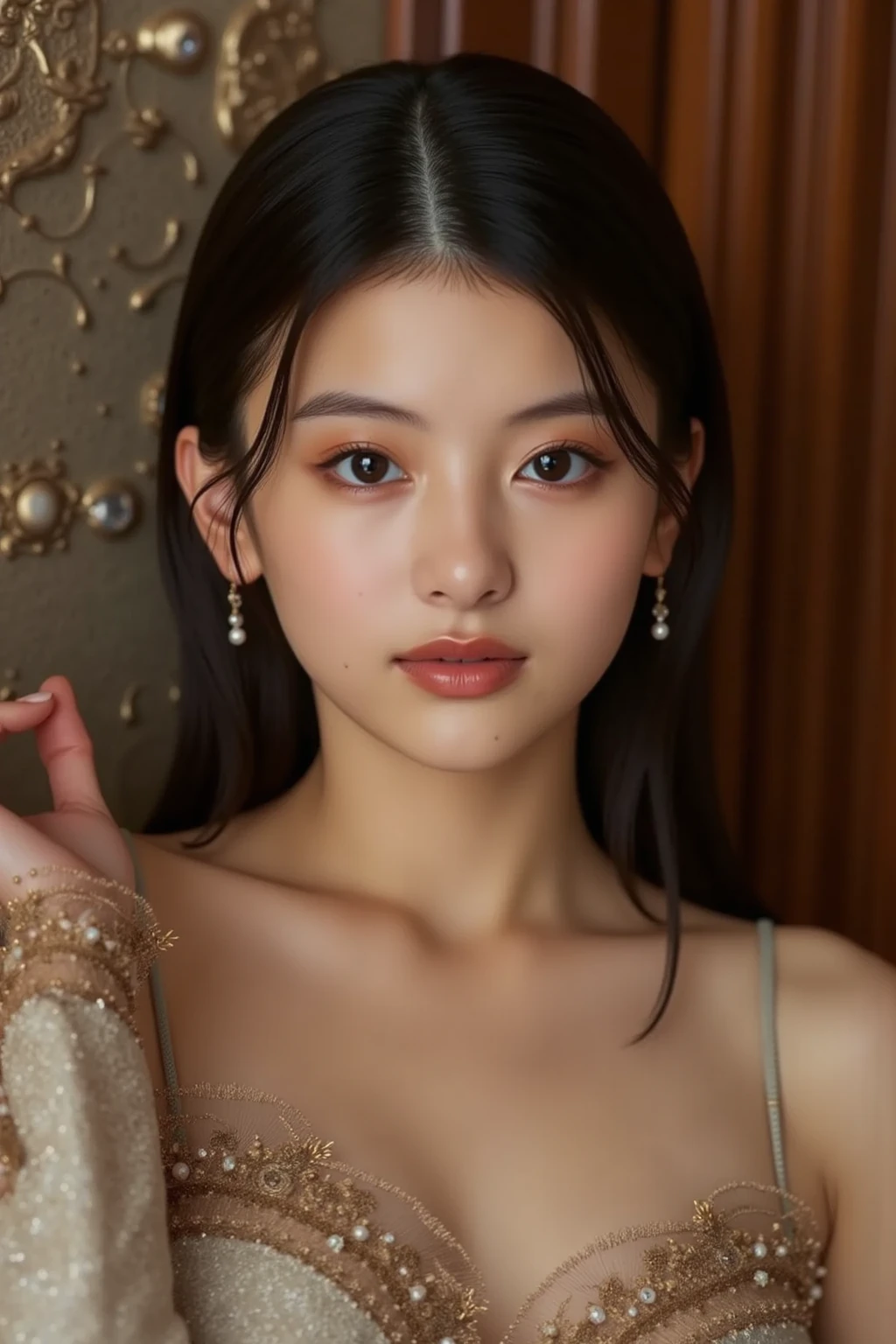 1 female, Beautiful Japanese actresses, Age 25, Double Eye,mile, Detailed face, Big earrings,Large Necklace, Flashy makeup using red eyeshadow,light brown delicate middle cut hair,The tips of the hair are wavy,Classy hairstyle,Fine grain,Slender actress, Large breasts, valley, Small hips, Side Bust Barbosa), Sexy silk embroidered mermaid dress:1.2), break long black hair, BREAK ceremony, Red carpet, Official Art,Highly detailed CG Unity 8k wallpaper, (masterpiece:1.0),(highest quality:1.0), photo shoot, 8k, Browsing Caution, High resolution, Kodak Portrait 400, Film Grain, Lens flare brilliance,Show Viewer, View from the front