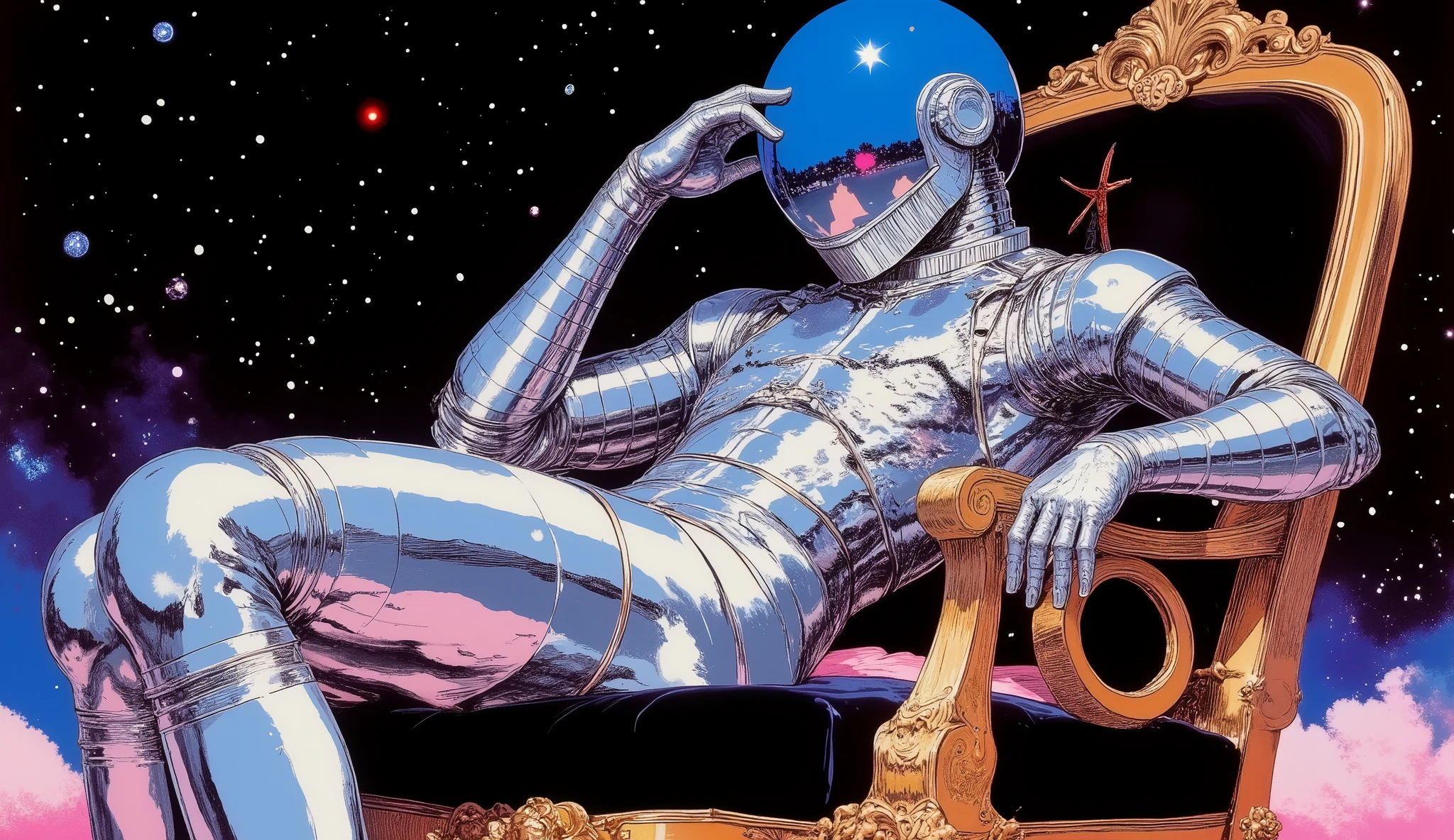 Character design sheet of a cosmic male entity wearing reflective chrome armor and a smooth mirrored sphere for a head, shown in multiple full-body poses: front view, back view, side view, and action pose. Retro-futuristic and baroque sci-fi style, consistent character design, neutral white or gray background, high detail, cinematic lighting