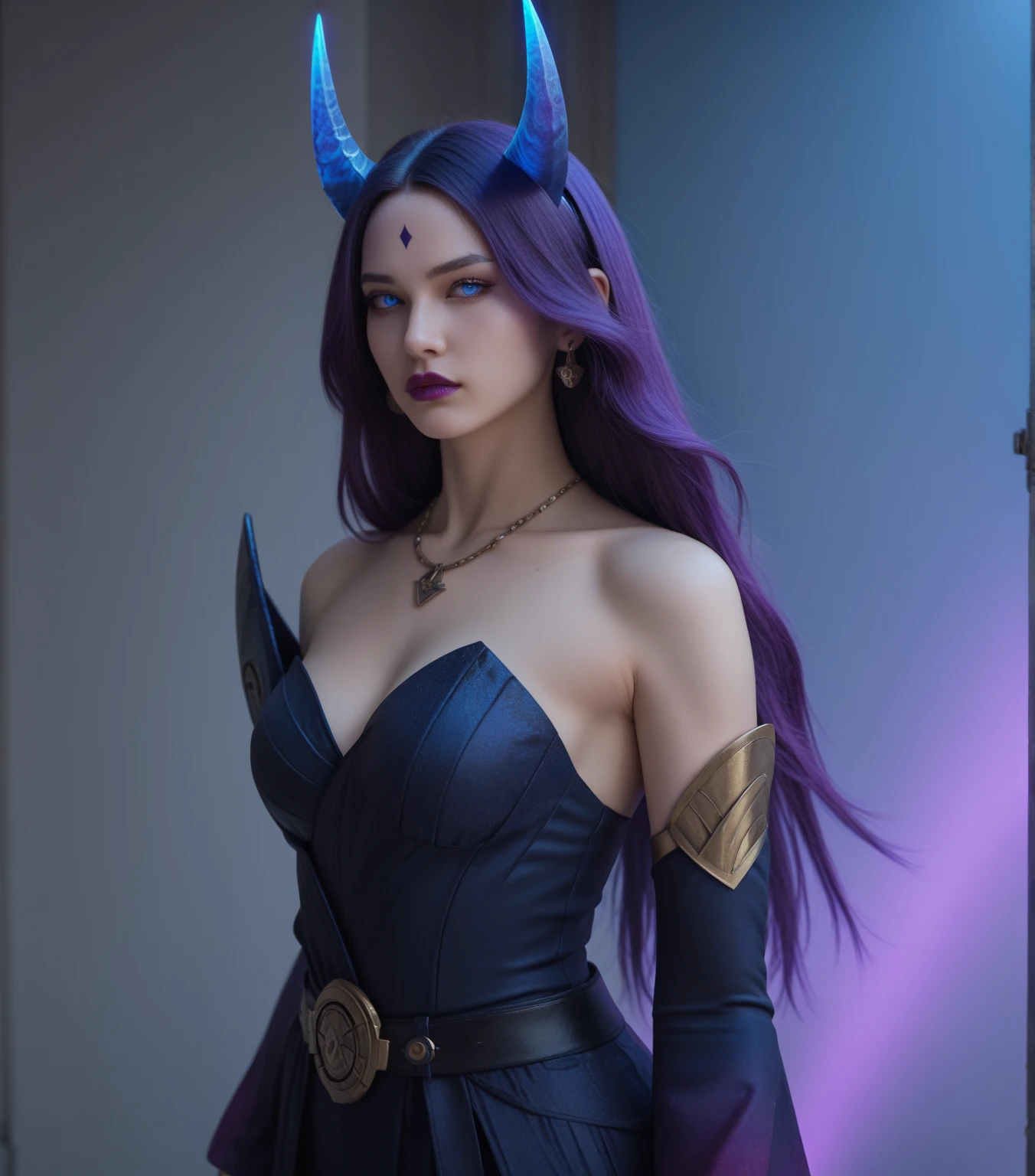 femme brune cheveux long pose sexy gros sein cosplay morgana lol