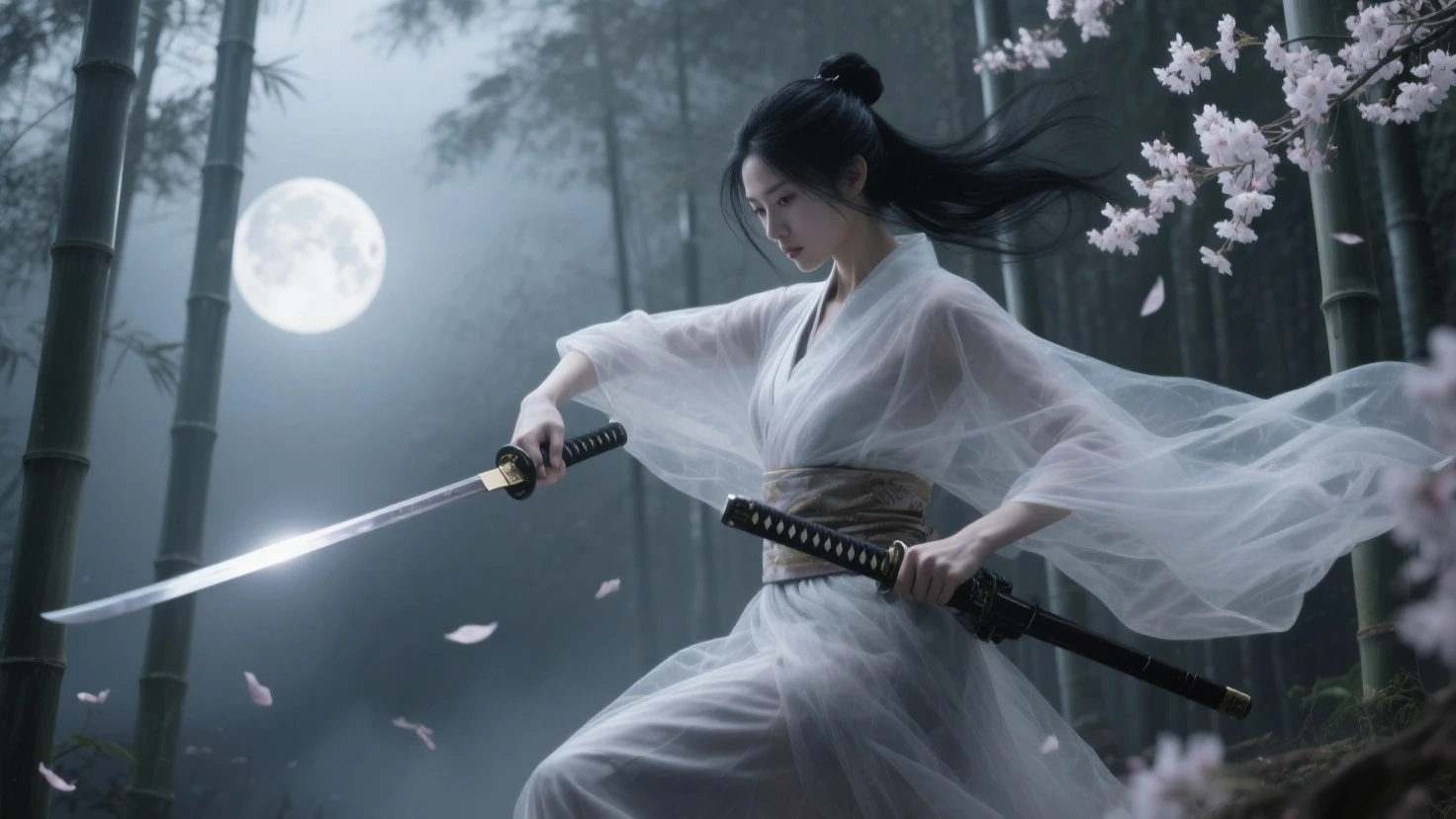 Pictorialist-style photo of an ethereal female samurai, with a translucent kimono barely covering her curves, mid-sword strike, her raven-black hair flowing like ink, full-body framing, in a moonlit bamboo forest, under cool silver light, shot from a low angle, on a Hasselblad H6D (monochrome:1.5), in the style of 'Ghost of Tsushima', (cherry blossom petals:1.4), (silken fabric movement:1.3).