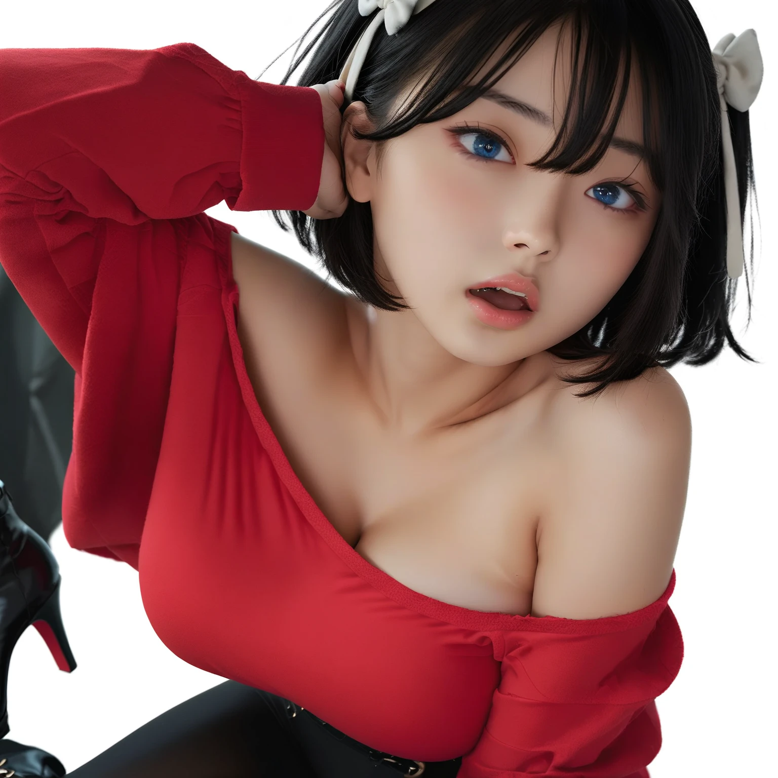 Pink eyes, Dutch Angle, look up, Anatomically correct, Highest quality, High resolution, Silver Hair, Large Breasts, Red face, Dutch Angle, Character portrait, Cropped, Fluffy mini skirt、Inorganic place、Red face, Wet Hair, 