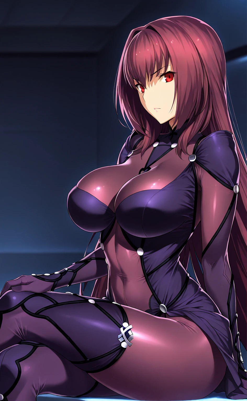 masutepiece, Best Quality, absurderes, Perfect Anatomy, 1girl in, Solo, Yoko Katori, Long hair, purple thighhighs, elbow groves, Purple gloves, Black shorts, uniform, thigh holster, ((all-fours)), embarassed expression、((Chained))、((thigh high boots))、((gargantilha))、((Chest exposed))