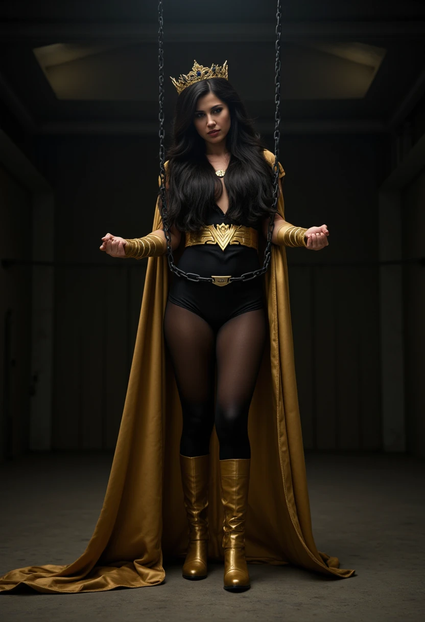 A woman in a low-cut swimsuit, black tights, big boobies, blackquality hair, white skin and holding a sword