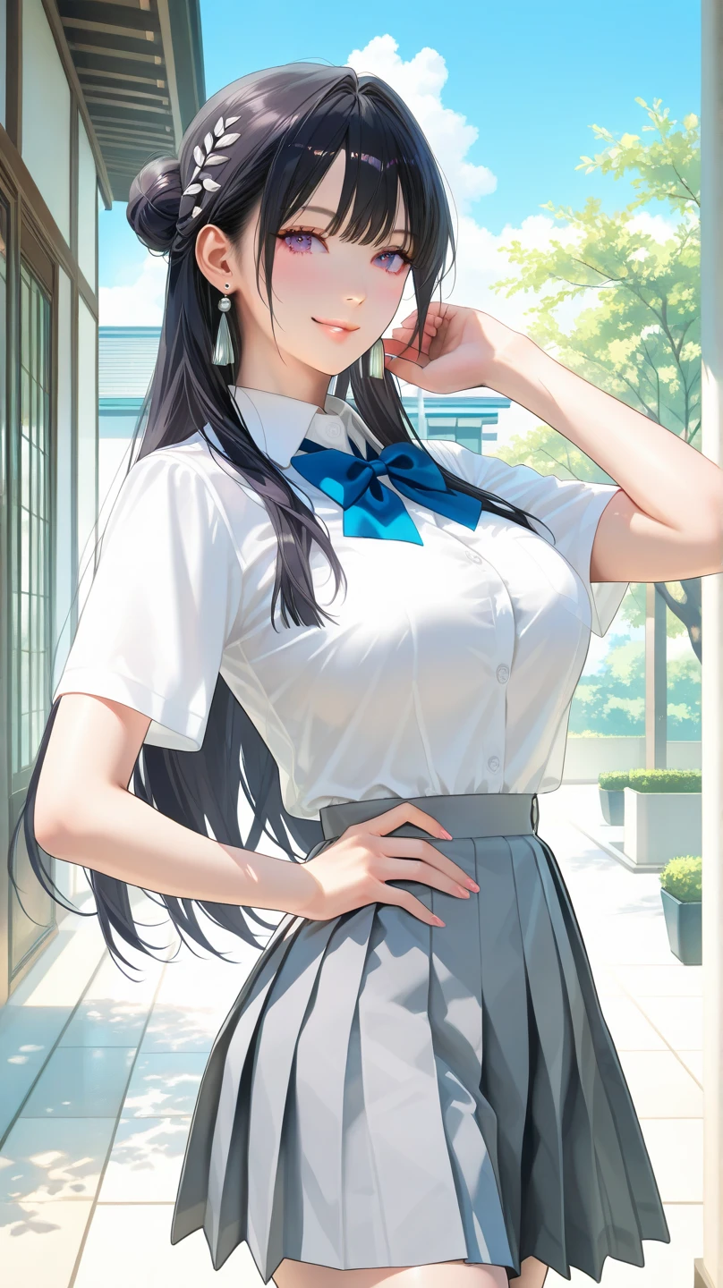 girl,sweat,{(black hair:1.2),(medium hair:1.5),(straight hair:1.5),(hair between eyes:1.5)},(huge breasts:1.25),break,{(navy blue skirt:1.2),(pleated skirt:1.2),mini skirt,(skirt lift:1.5)},{(white polo shirt:1.5),(white collar:1.5),(short sleeves:1.2)},break,(fine eyes and skin:1.4),(detailed facial features:1.4),(perfect style),(beautiful face)