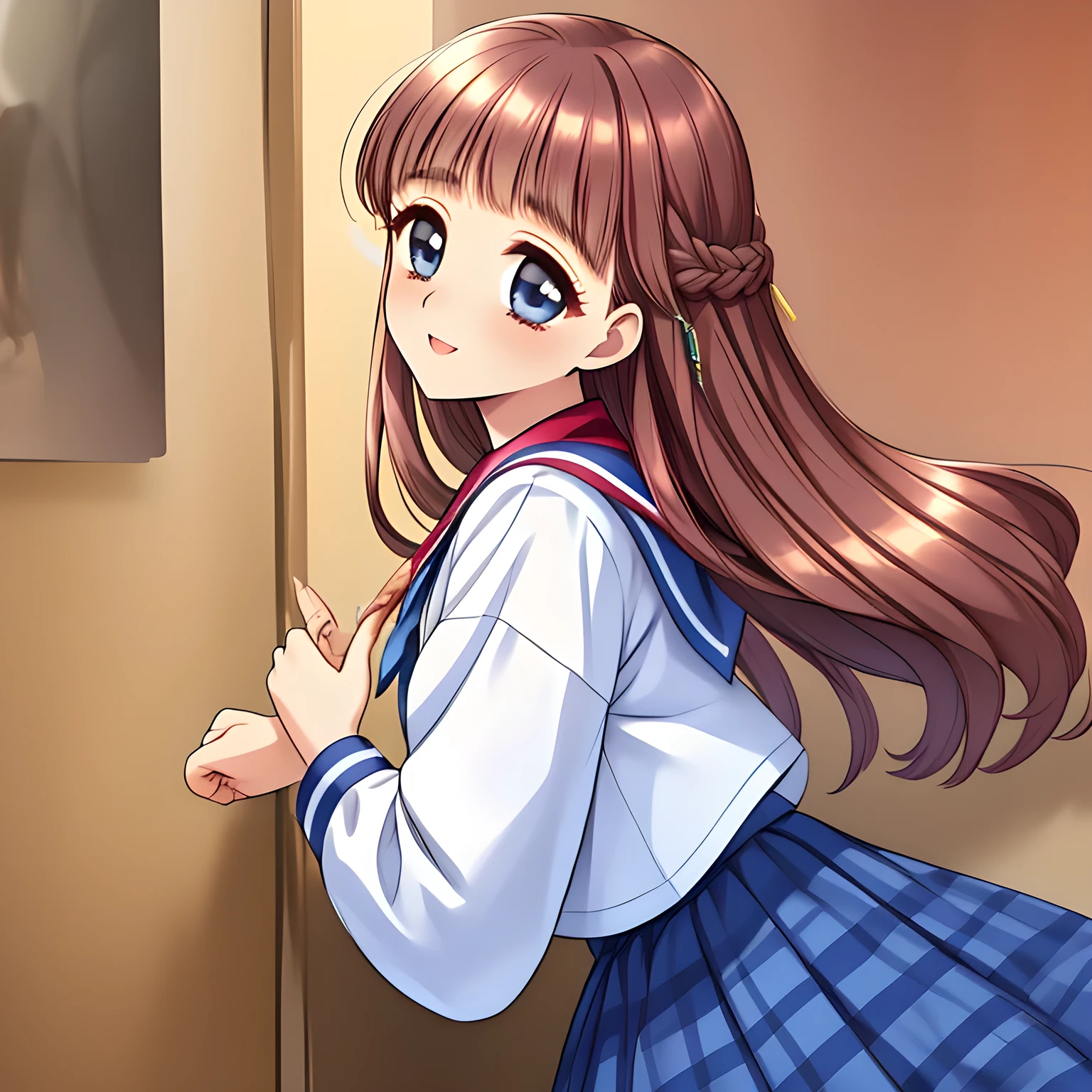 (highest quality, masterpiece:1.5), highest quality, High resolution, 1080p, 8K, (Too beautiful, neatest ((beautifully grown and Evolved with grace)) Mai Sakuragi, Girl's love-story comic heroine, ((Too much beloved)) noble grown beautiful beautiful lady with detailed, 165cm height, ((svelte silhouette)), Cloistered beauty, The daily vibrant journey to a prim-and-proper ladies' college, Demure atmosphere, controlling my mind and heart by her charm and uniform and skirt, understands my deep hidden desire very well with her profound intelligence, giving too much pleasure to my sensitive one covered with beautiful hands and fingers: 1.4), (laughing white face with unreal angelic beauty, overflowing with translucence: 1.0), (Pristine uniform, (Neatest (navy colored) sailor-style uniform and ((navy middle length plaid skirt)), navy sailor collar, shiny-blue sailor scarf: 1.8)), (Too beautiful dreamy eyes and neatness charm me), long eyelashes, (Giggling cohort background with many white lovely marks, clearly detailed foreground: 1.9), ((purity and neatness is very impressing): 1.8), (focus on her long hair and neat style, from side: 1.9), (Beautiful blue eyes), (shiny brown super-long wavy hair, braids-half-up), (golden ear accessories and pendant), (Diamond rings)