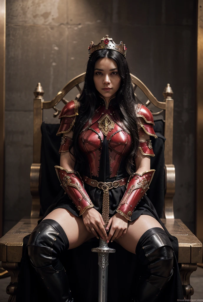 <lora:sallyWhitemaneWOW_swhitemane08:0.8>masterpiece, best quality, sally whitemane, 1girl, solo, nsfw, (sitting on a throne),((crossed legs)),crown,leotard, thighhighs, elbow gloves, runny makeup, pelvic curtain, stone throne, cathedral, knee boots, holding a long staff,(full body picture),(breasts covered),<lora:galGadotLora_v10:0.4>