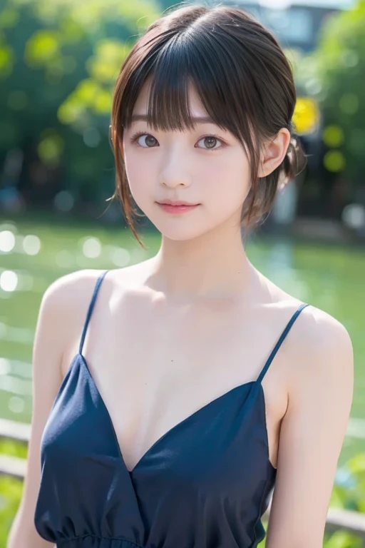 Tabletop, highest quality, Portrait of a Girl、High resolution allows you to see pores and skin texture、夕方のEmbankmentを散歩、Plain、Image quality of SLR cameras、Various angles and angles、Embankment、Lush、garden、Walking Date、Light blue underwear、
