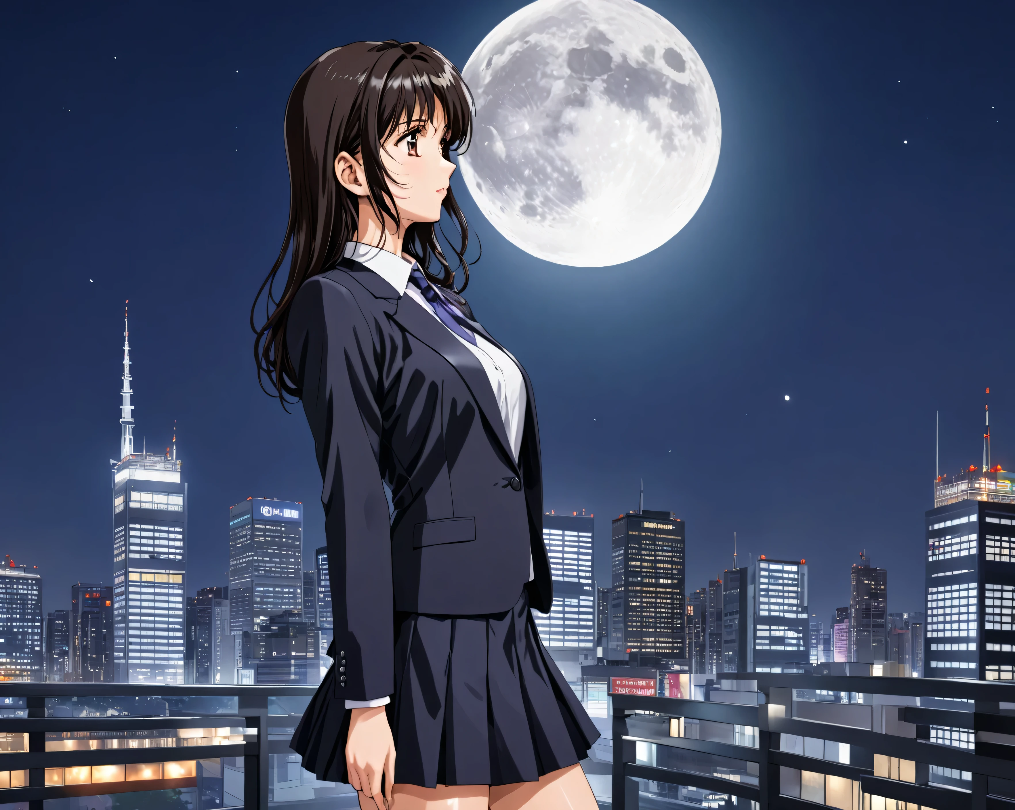Japanese　one beautiful woman　dark haired　Night view　Looking Away　High Definition　写真のような東京のNight view　Spring clothes that accentuate the chest　　profile　 full moon　Skyscraper　Miniskirt　recruitment suit
