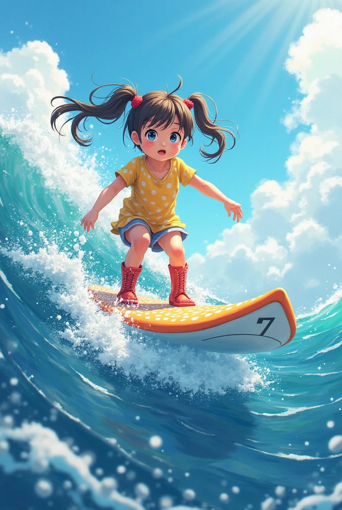 a little lovely ??? girl,Hair over the shoulder,Surfing by the sea,Surrounded by waves,And schools of fish