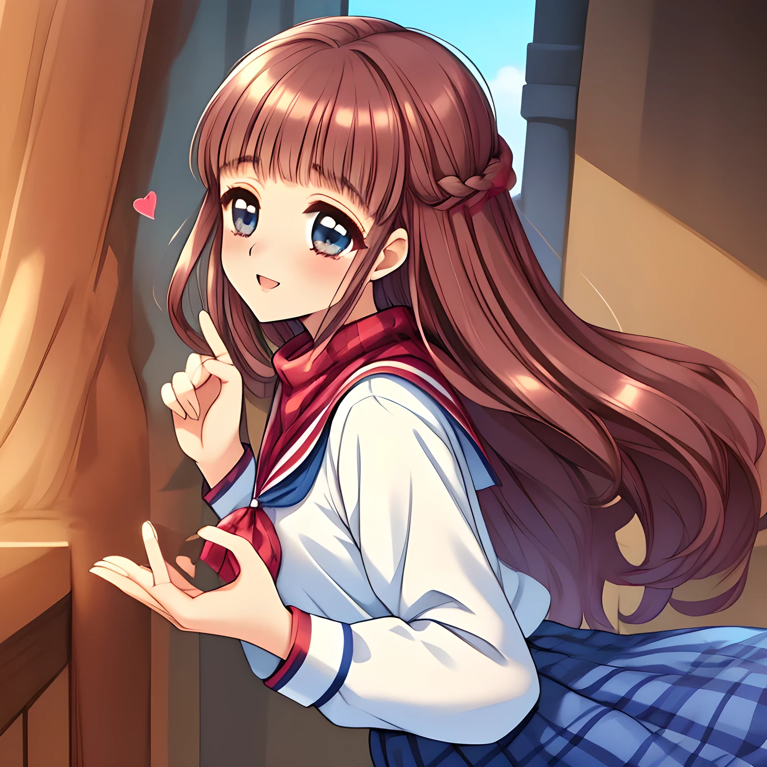 (highest quality, masterpiece:1.5), highest quality, High resolution, 1080p, 8K, (Too beautiful, neatest ((beautifully grown and Evolved with grace)) Mai Sakuragi, Girl's love-story comic heroine, ((Too much beloved)) noble grown beautiful beautiful lady with detailed, 165cm height, ((svelte silhouette)), Cloistered beauty, The daily vibrant journey to a prim-and-proper ladies' college, Demure atmosphere, controlling my mind and heart by her charm and uniform and skirt, understands my deep hidden desire very well with her profound intelligence, giving too much pleasure to my sensitive one covered with beautiful hands and fingers: 1.4), (laughing white face with unreal angelic beauty, overflowing with translucence: 1.0), (Pristine uniform, (Neatest (navy colored) sailor-style uniform and ((navy middle length plaid skirt)), navy sailor collar, shiny-blue sailor scarf: 1.8)), (Too beautiful dreamy eyes and neatness charm me), long eyelashes, (Giggling cohort background with many white lovely marks, clearly detailed foreground: 1.9), ((purity and neatness is very impressing): 1.8), (focus on her long hair and neat style, from side: 1.9), (Beautiful blue eyes), (shiny brown super-long wavy hair, braids-half-up), (golden ear accessories and pendant), (Diamond rings)