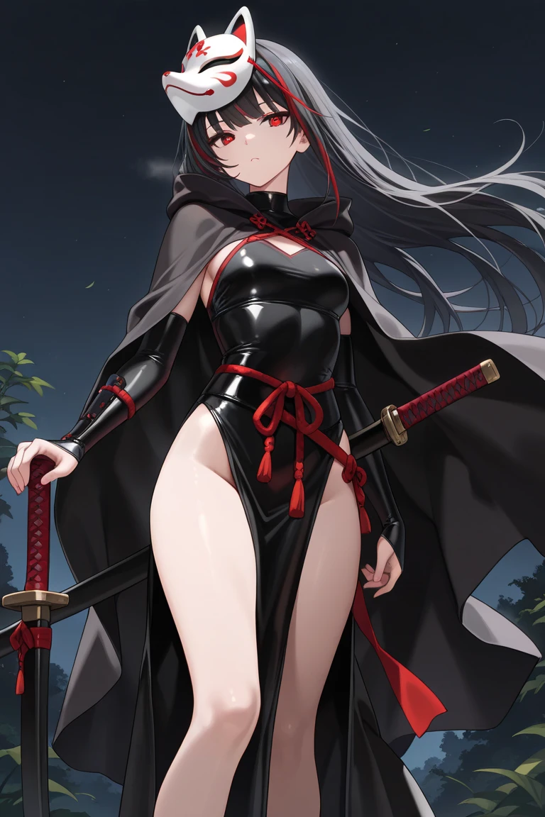 female, black hair, long hair, black turtleneck bodysuit, red eyes, red rose petals, highres, absurdres, 8K, masterpiece, looking at viewer, nsfw, snow, big waist, holding scythe, closeup