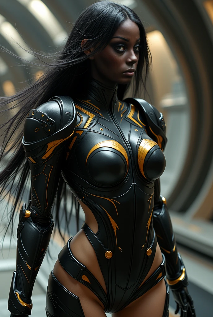 futuristic viking black panther robot mask, with long hair and a ponytail , with gold details