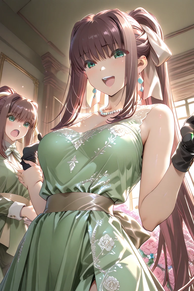 nozomitoujou, nozomi toujou, green eyes, brown hair, curly hair, breasts, masterpiece, best quality, high resolution, beautiful detailed eyes, extremely detailed face, good lighting, detailed CG, messy hair, glossy lips, light smile, ballgown, ballroom, cleavage, necklace, pendant, earrings, jewelry, high heels, standing, (crowd of dancers)